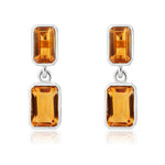 9ct White Gold Octagonal Emerald Cut Natural Citrine Double Stone Rubover Drop Earrings