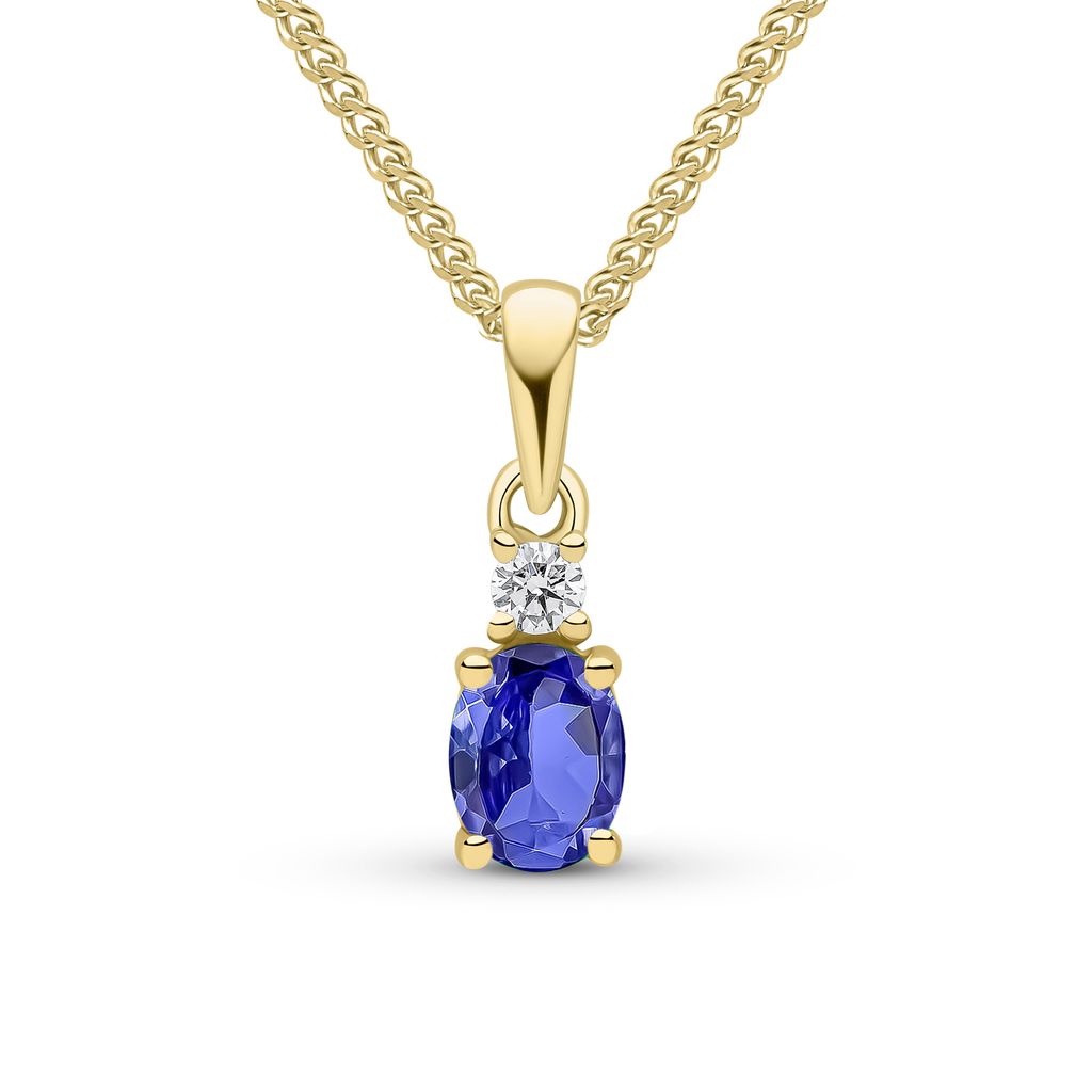 18ct Yellow Gold Oval Natural Tanzanite and Round Diamond Two Stone Pendant — 5x4mm
