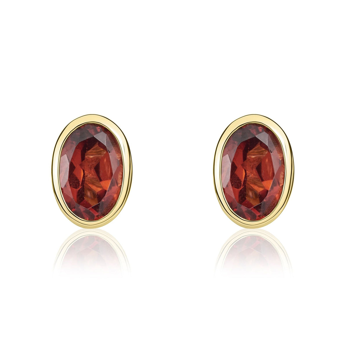 9ct Yellow Gold Oval Natural Garnet Rubover Stud Earrings — 6x4mm