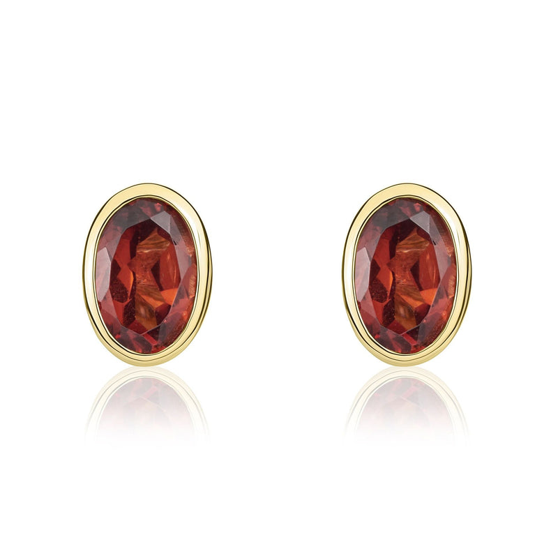 9ct Yellow Gold Oval Natural Garnet Rubover Stud Earrings — 6x4mm
