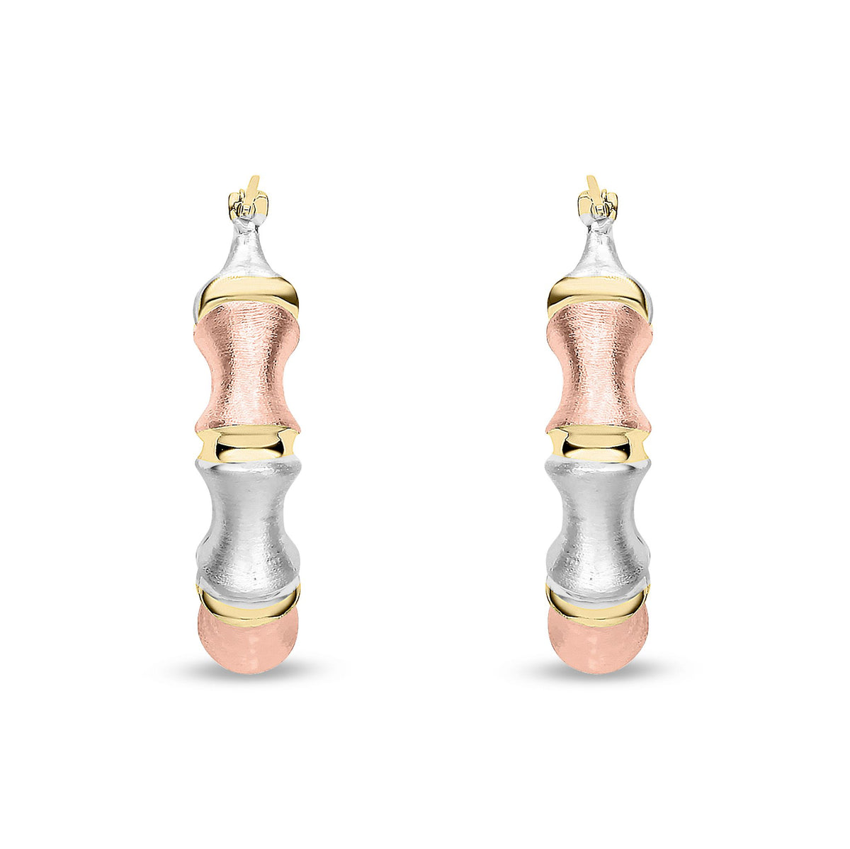 9ct Three Tone Gold Frosted Bamboo Hoop Earrings