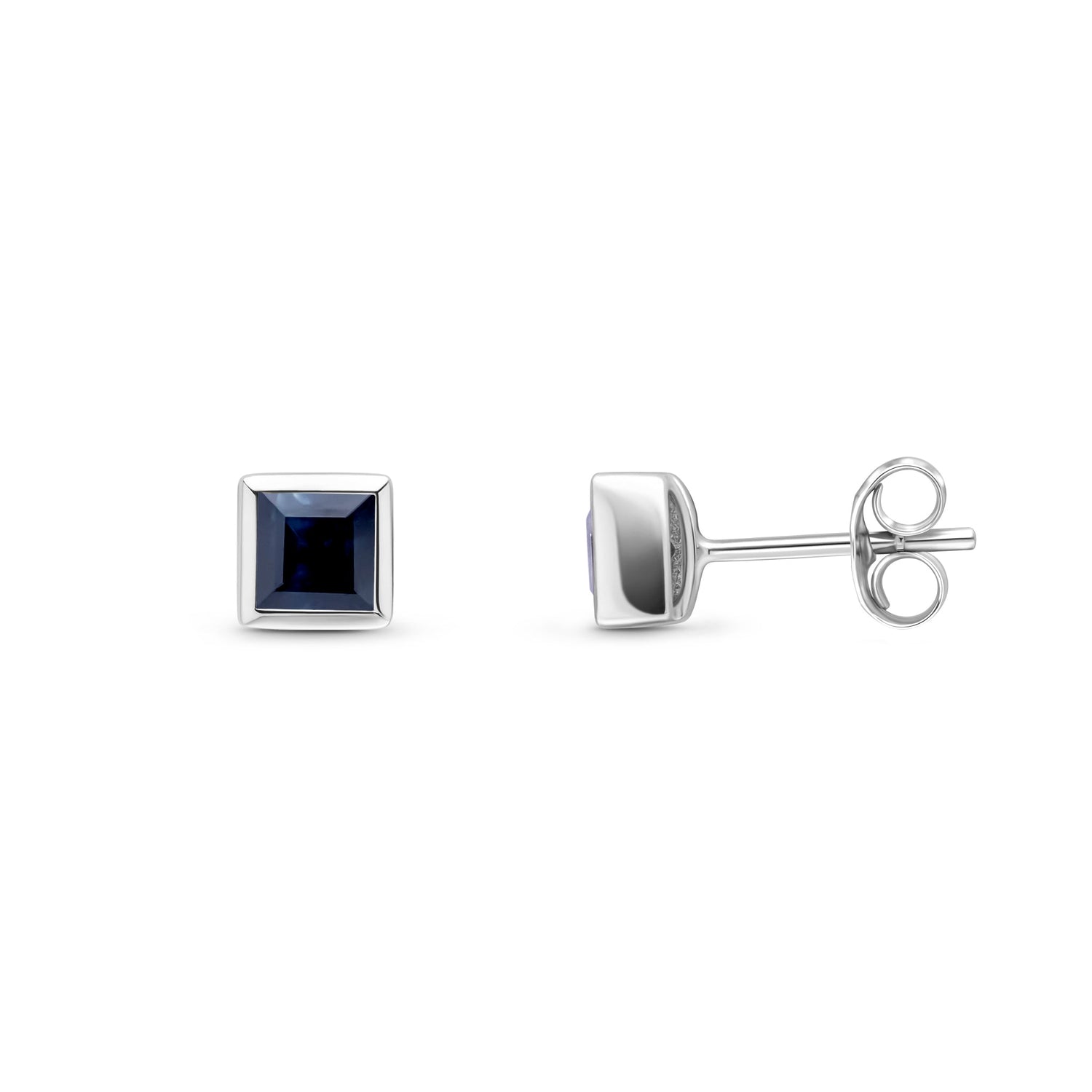 9ct White Gold Square Cut Natural Sapphire Rubover Stud Earrings — 3mm