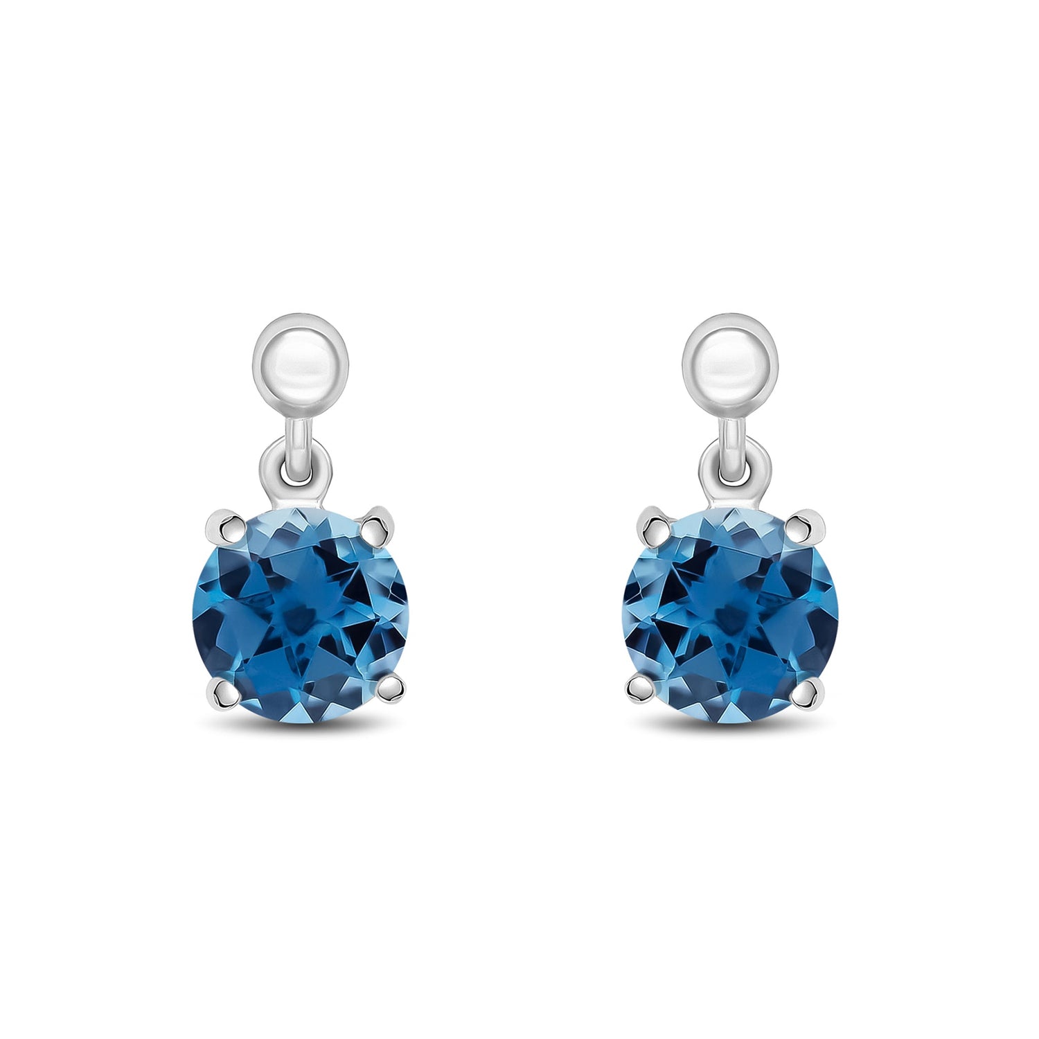 9ct White Gold Round Natural London Blue Topaz Claw Drop Earrings with Bead Tops — 6mm
