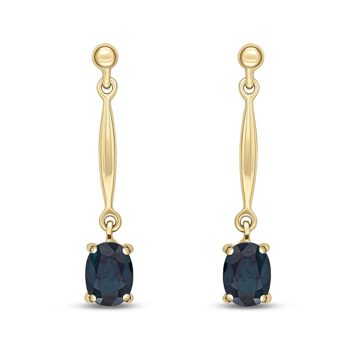 9ct Yellow Gold Oval Natural Sapphire Claw Bar Drop Earrings — 7x5mm