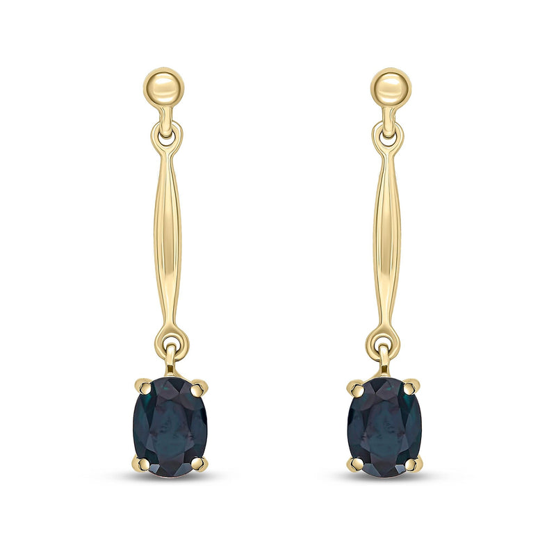 9ct Yellow Gold Oval Natural Sapphire Claw Bar Drop Earrings — 7x5mm