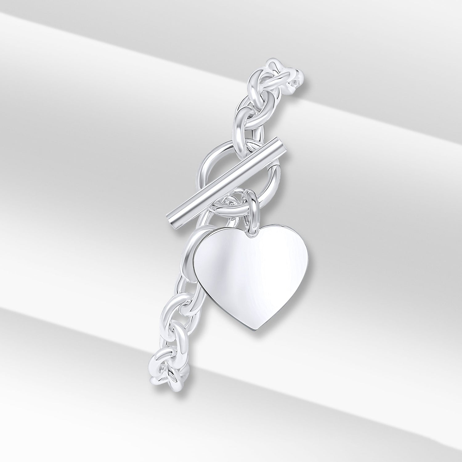 Sterling Silver Solid 6mm Cable Bracelet with T-Bar and Heart Charm