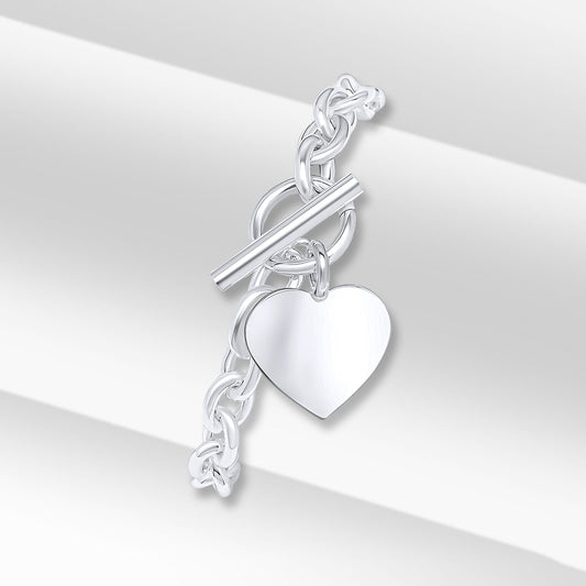 Sterling Silver Solid 6mm Cable Bracelet with T-Bar and Heart Charm