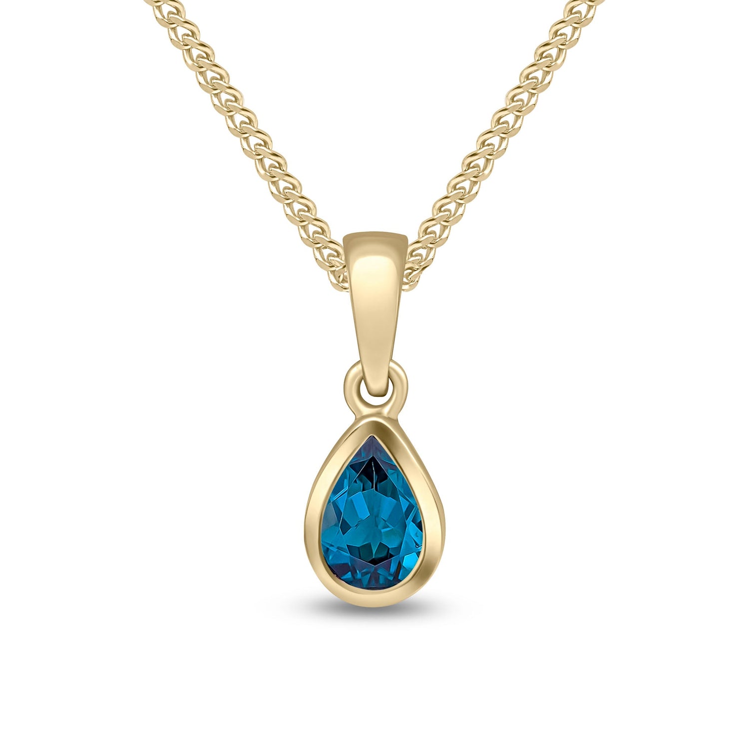 9ct Yellow Gold Pear Shaped Natural London Blue Topaz Rubover Pendant – 6x4mm