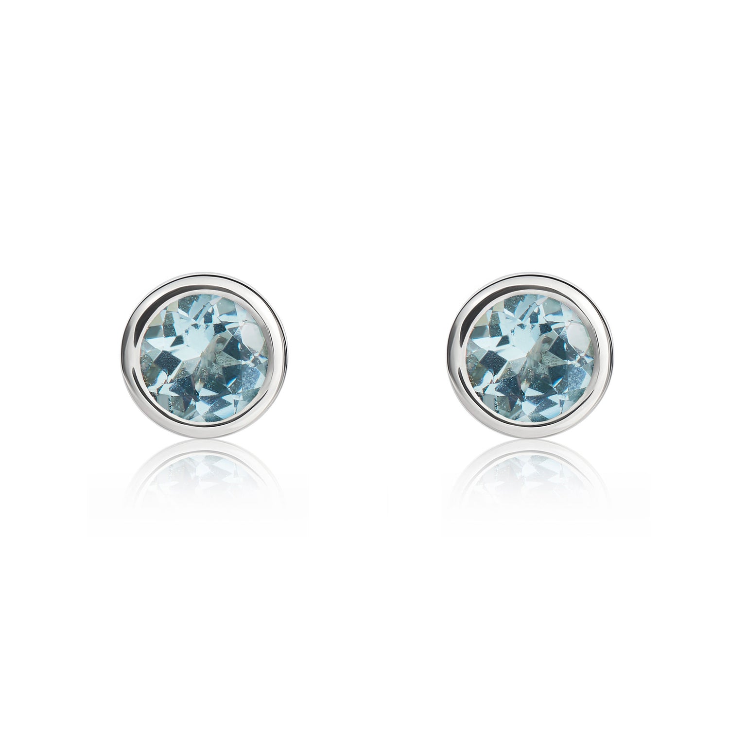 9ct White Gold Round Natural Aquamarine Rubover Stud Earrings — 4mm