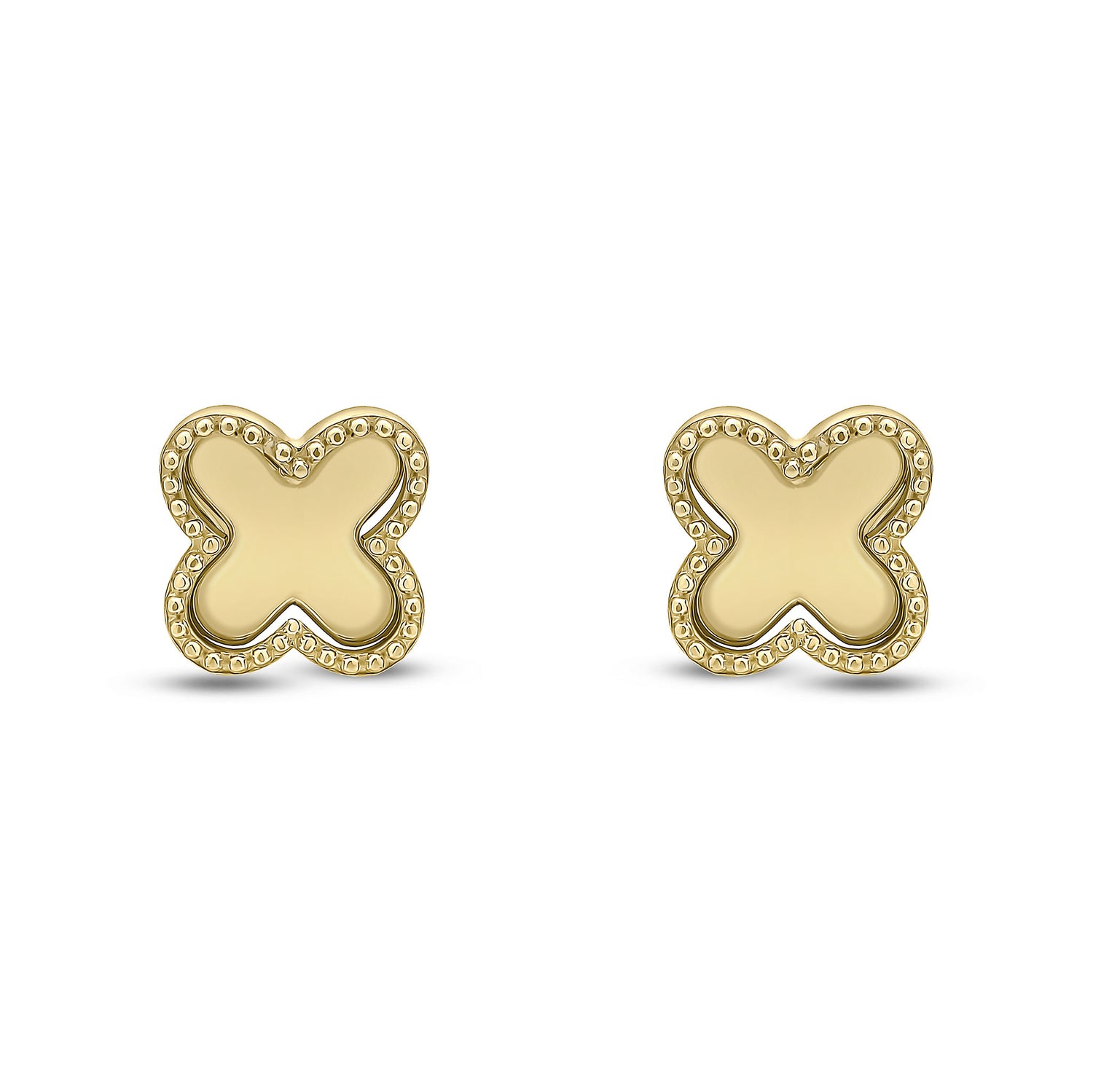 9ct Yellow Gold Beaded Edge Clover Stud Earrings -- 8mm