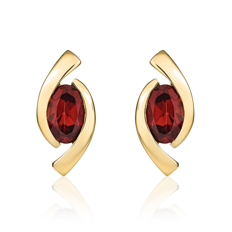 9ct Yellow Gold Oval Natural Garnet 'Eye' Stud Earrings — 6x4mm