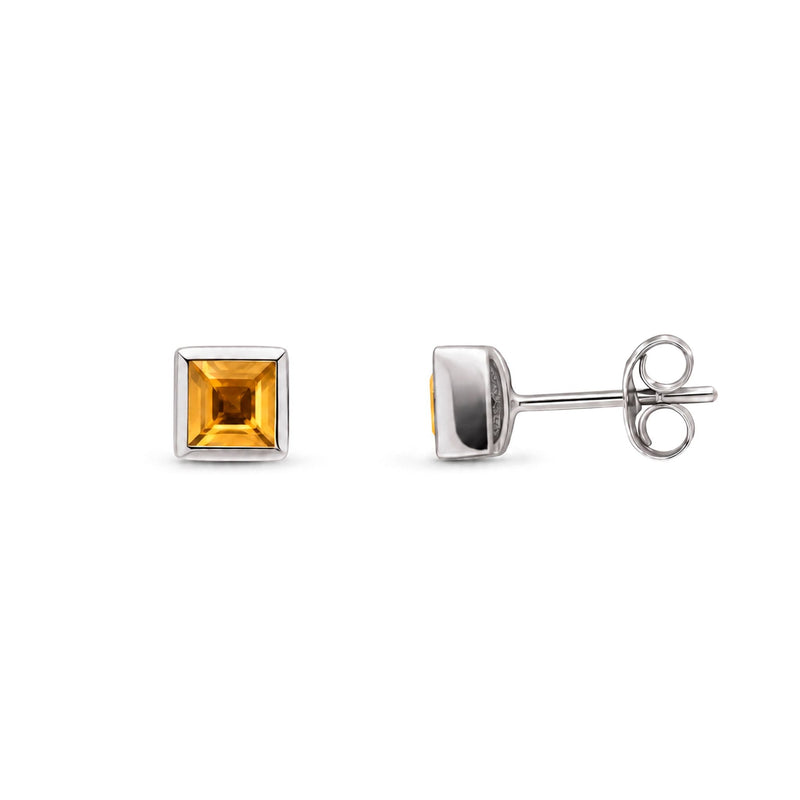 9ct White Gold Square Natural Citrine Rubover Stud Earrings — 3mm