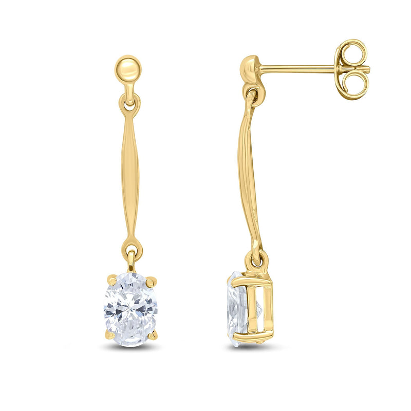 9ct Yellow Gold Oval Cubic Zirconia CZ Claw Bar Drop Earrings — 7x5mm