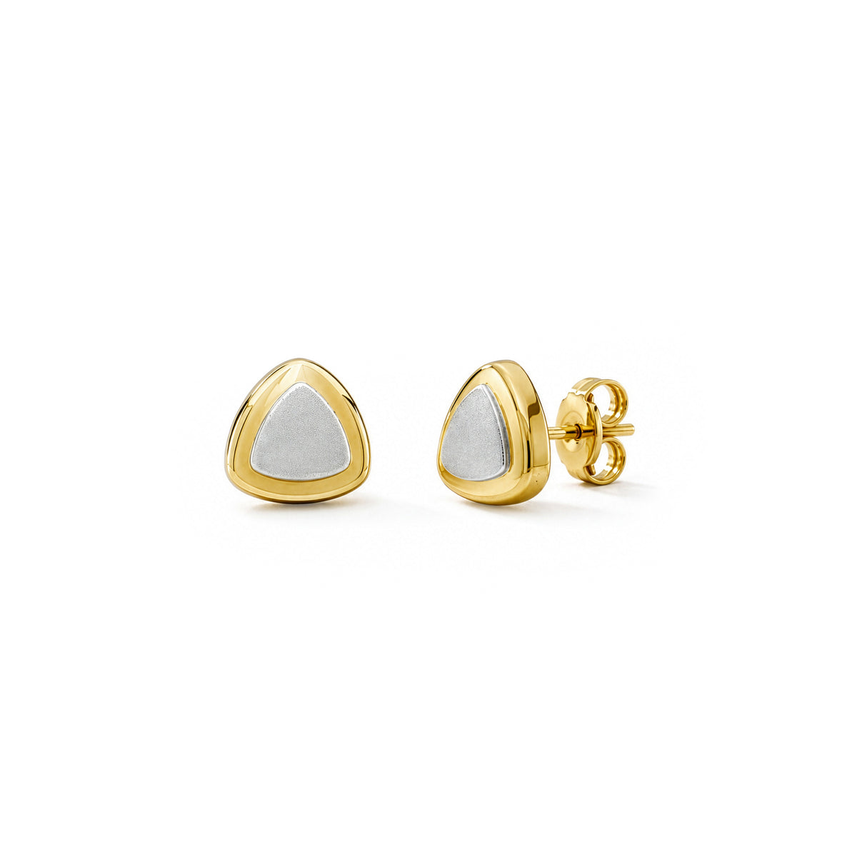 9ct Yellow and White Gold Satin and Polished Rounded Triangle Stud Earrings