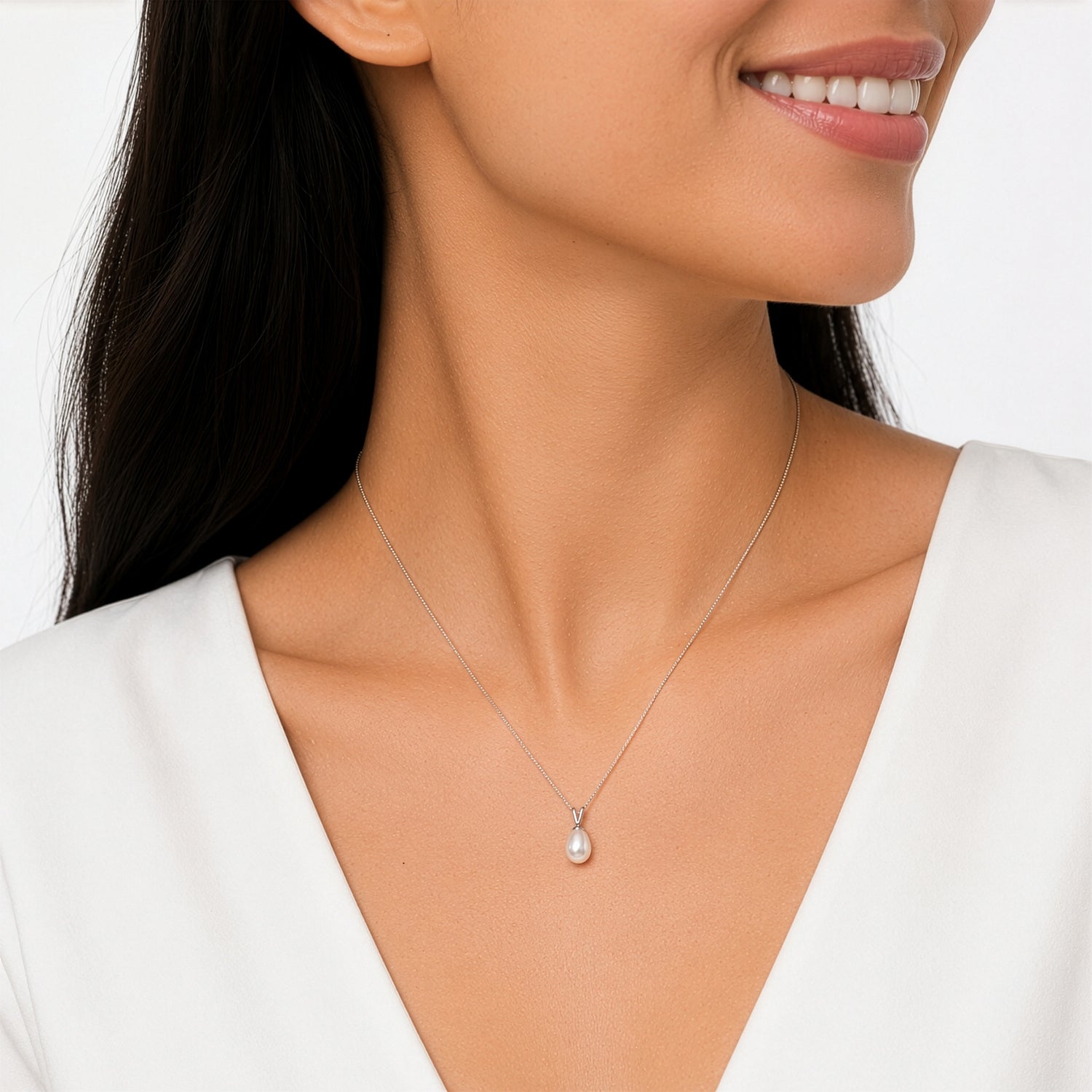 9ct White Gold Natural Freshwater Pearl Drop Pendant — 7mm