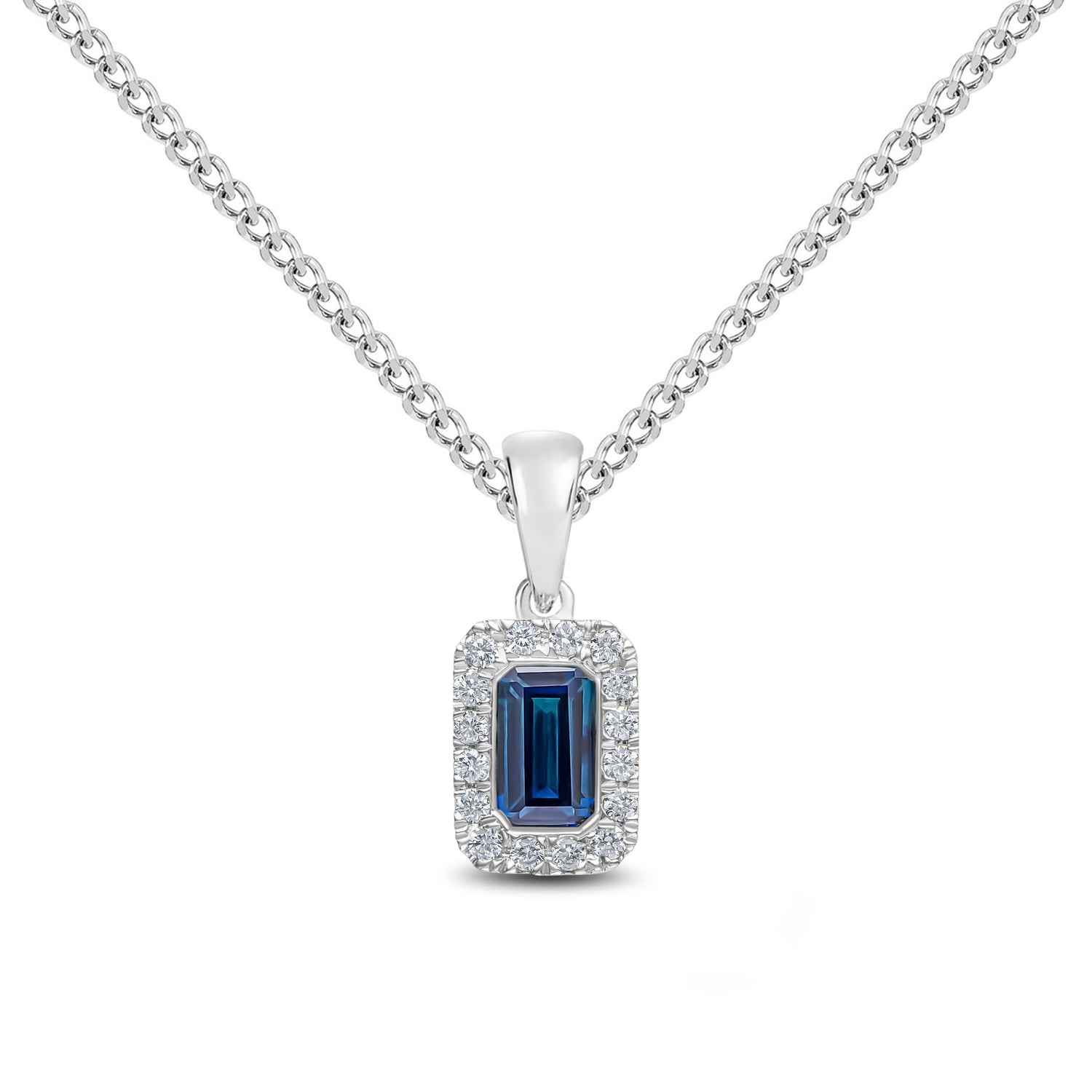 18ct White Gold Octagonal Emerald Cut Natural Sapphire and Round Diamond Microset Cluster Pendant — 5x3mm
