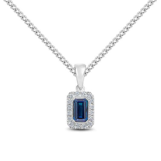18ct White Gold Octagonal Emerald Cut Natural Sapphire and Round Diamond Microset Cluster Pendant — 5x3mm