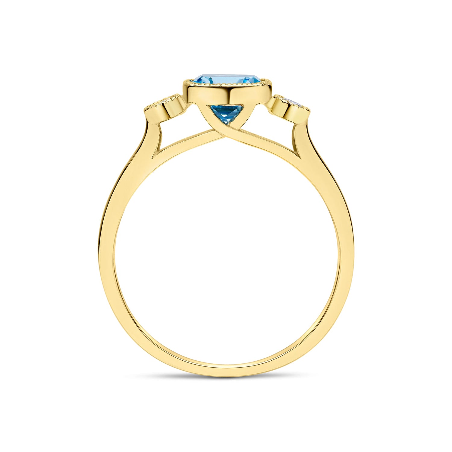 9ct Yellow Gold Cushion Natural Swiss Blue Topaz and Round Diamond Millegrain Set Three Stone Ring — 6mm