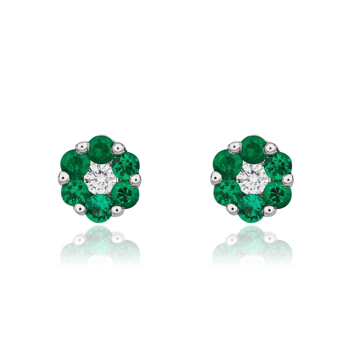 18ct White Gold Round Emerald & Diamond Reverse Cluster Stud Earrings