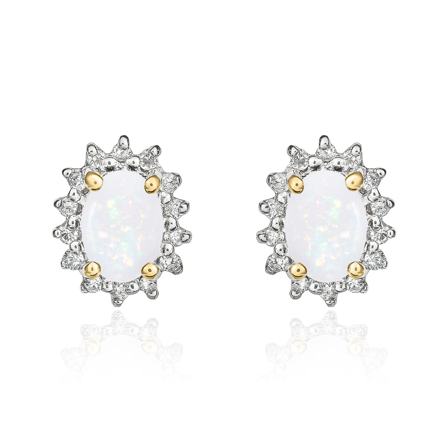 9ct Yellow Gold Natural Oval Opal and Diamond Cluster Earrings — 6x4mm