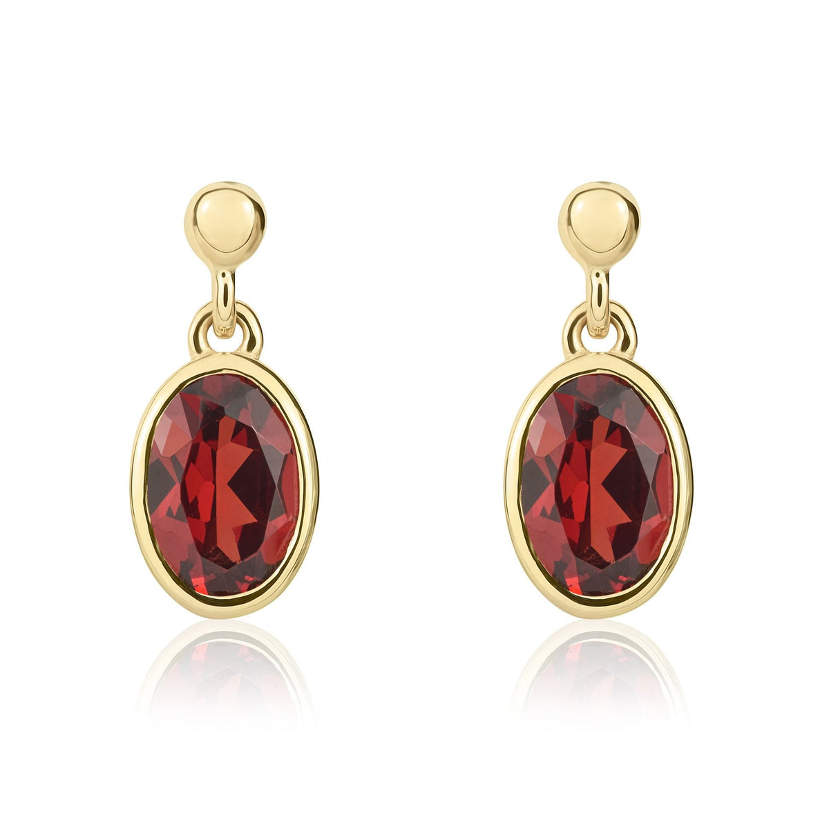 9ct Yellow Gold Oval Natural Garnet Rubover Drop Earrings — 7x5mm