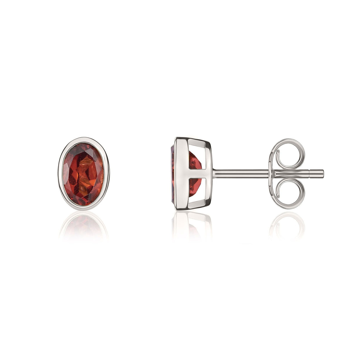9ct White Gold Oval Natural Garnet Rubover Stud Earrings — 6x4mm