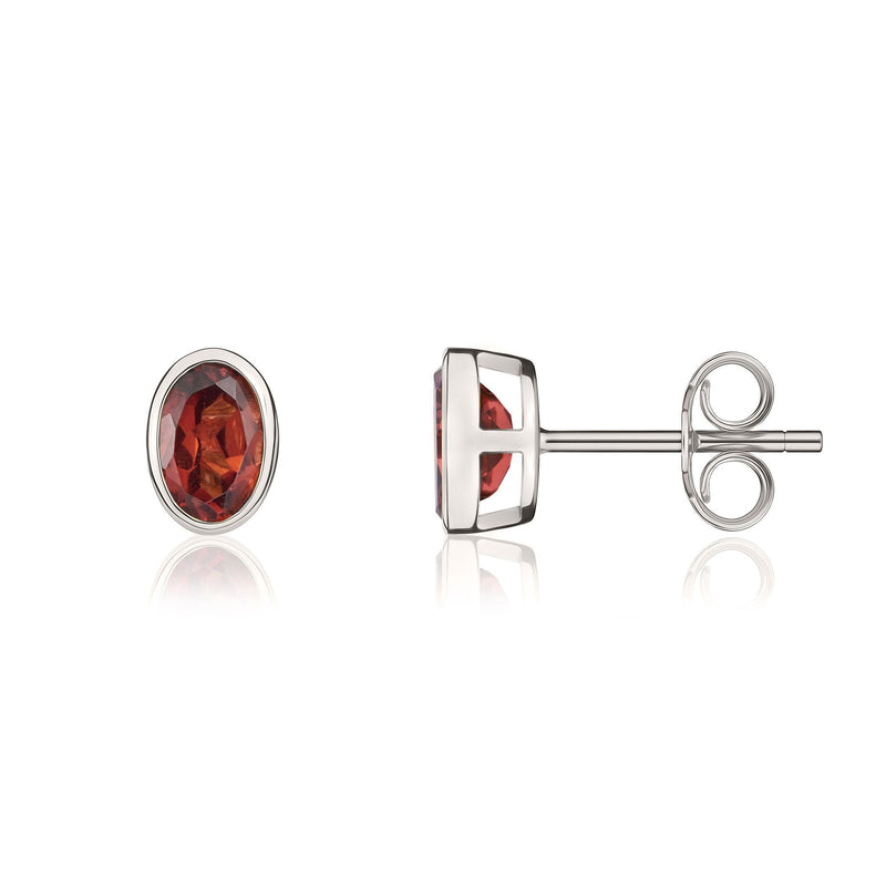 9ct White Gold Oval Natural Garnet Rubover Stud Earrings — 6x4mm