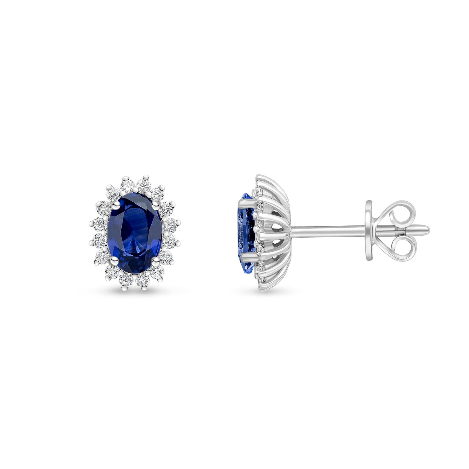 18ct White Gold Oval Natural Sapphire and Round Diamond Claw Set Cluster Stud Earrings — 6x4mm