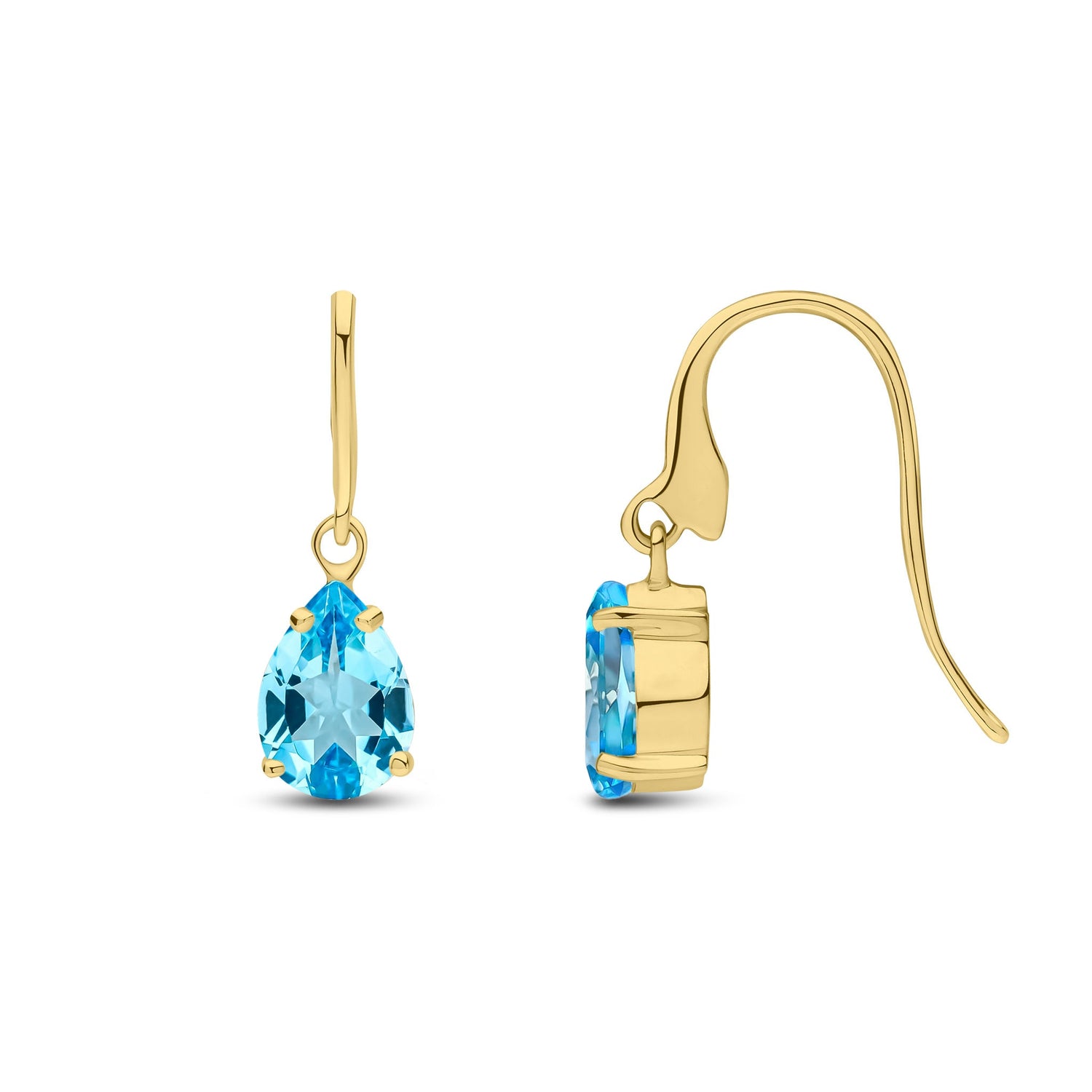 9ct Yellow Gold Pear Shaped Natural Swiss Blue Topaz Claw Wire Hook Drop Earrings — 7x5mm