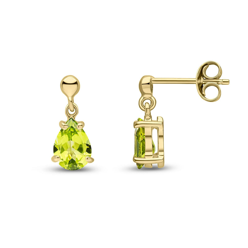 9ct Yellow Gold Pear Shaped Natural Peridot Claw Drop Earrings — 7x5mm