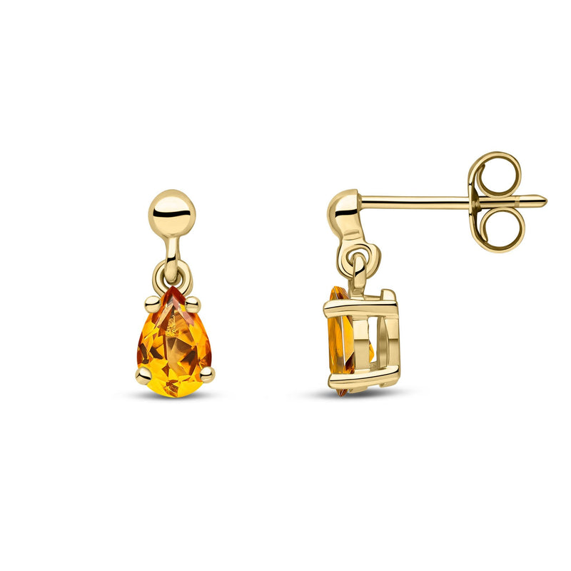 9ct Yellow Gold Pear Shaped Natural Citrine Claw Drop Earrings — 6x4mm