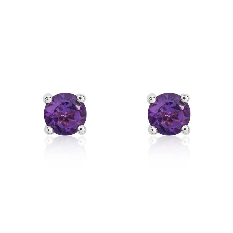 9ct White Gold Round Natural Amethyst Claw Stud Earrings — 4mm