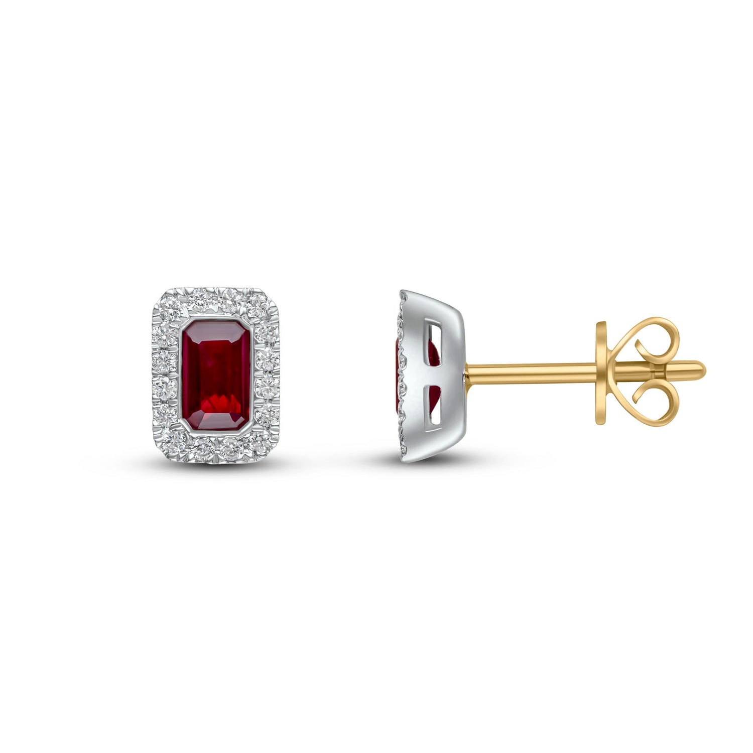 18ct Two Tone Gold Octagonal Emerald Cut Natural Ruby and Diamond Cluster Stud Earrings — 5x3mm