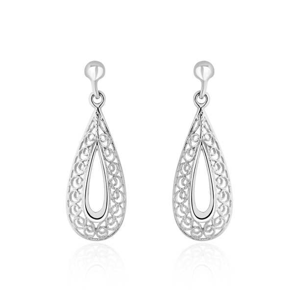 9ct White Gold Filigree Open Pear Shaped Drop Earrings with 3mm Ball Top