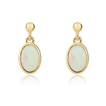 9ct Yellow Gold Oval Natural Opal Rubover Drop Earrings — 6x4mm