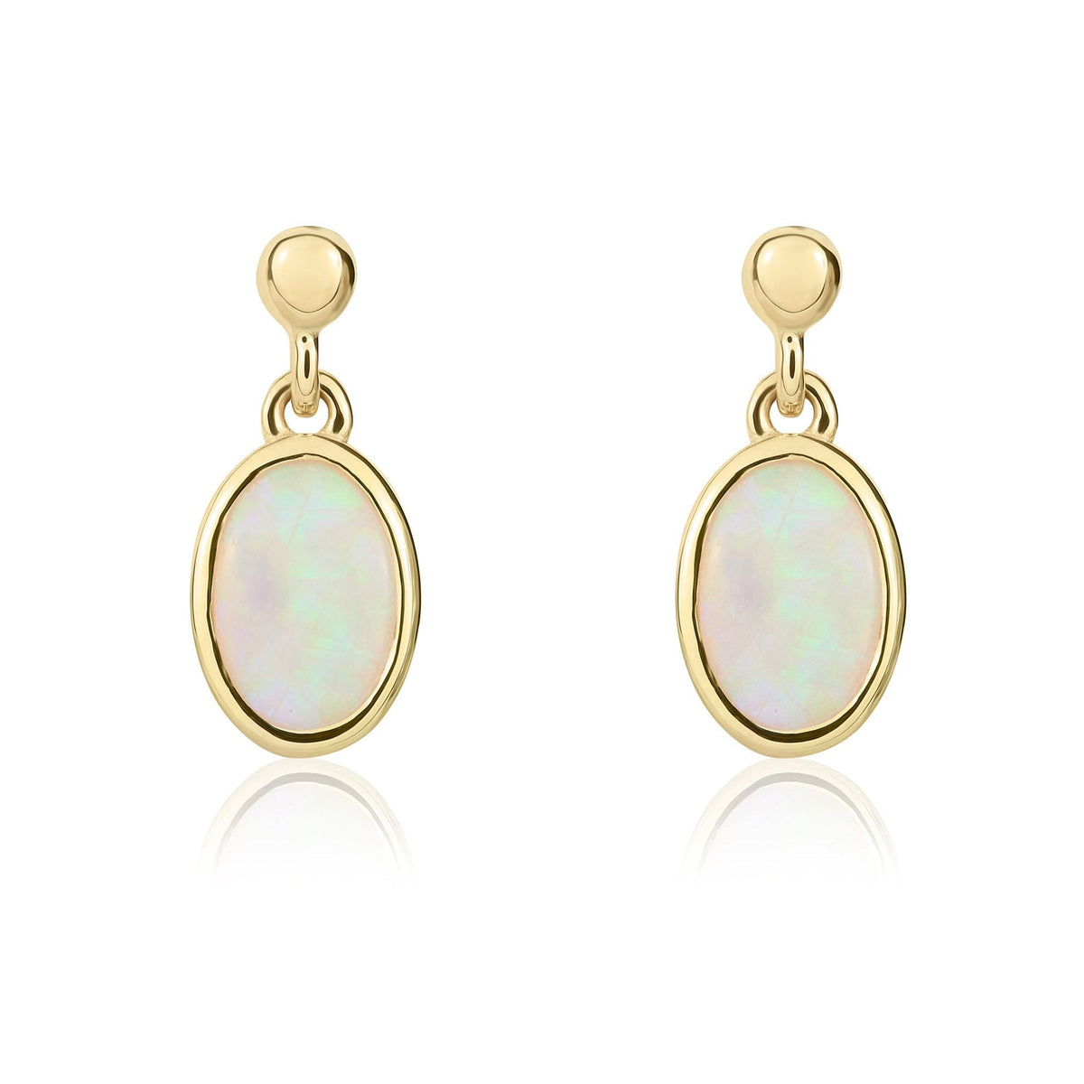 9ct Yellow Gold Oval Natural Opal Rubover Drop Earrings — 6x4mm