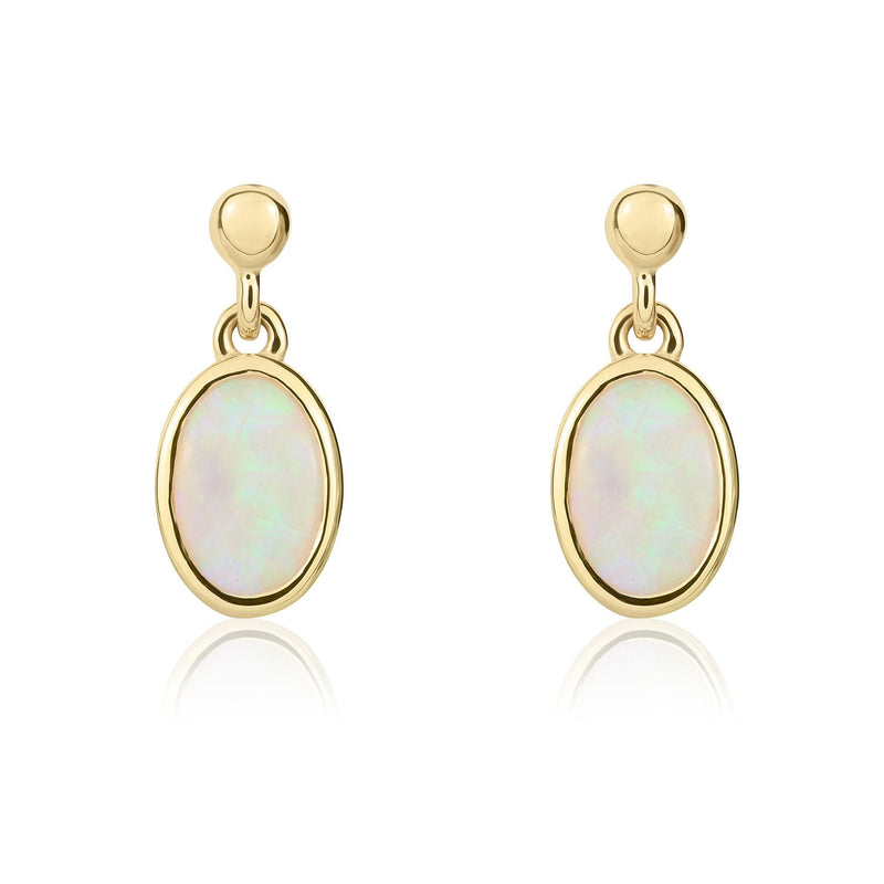 9ct Yellow Gold Oval Natural Opal Rubover Drop Earrings — 6x4mm