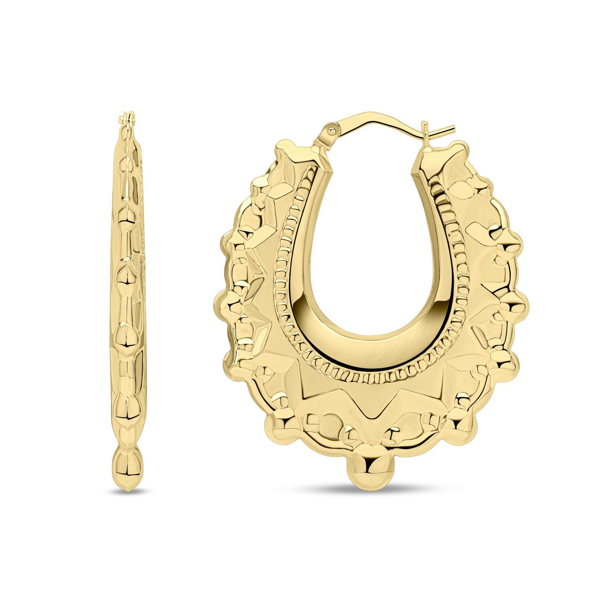 9ct Yellow Gold Engraved Ornate Oval Creole Hoop Earrings