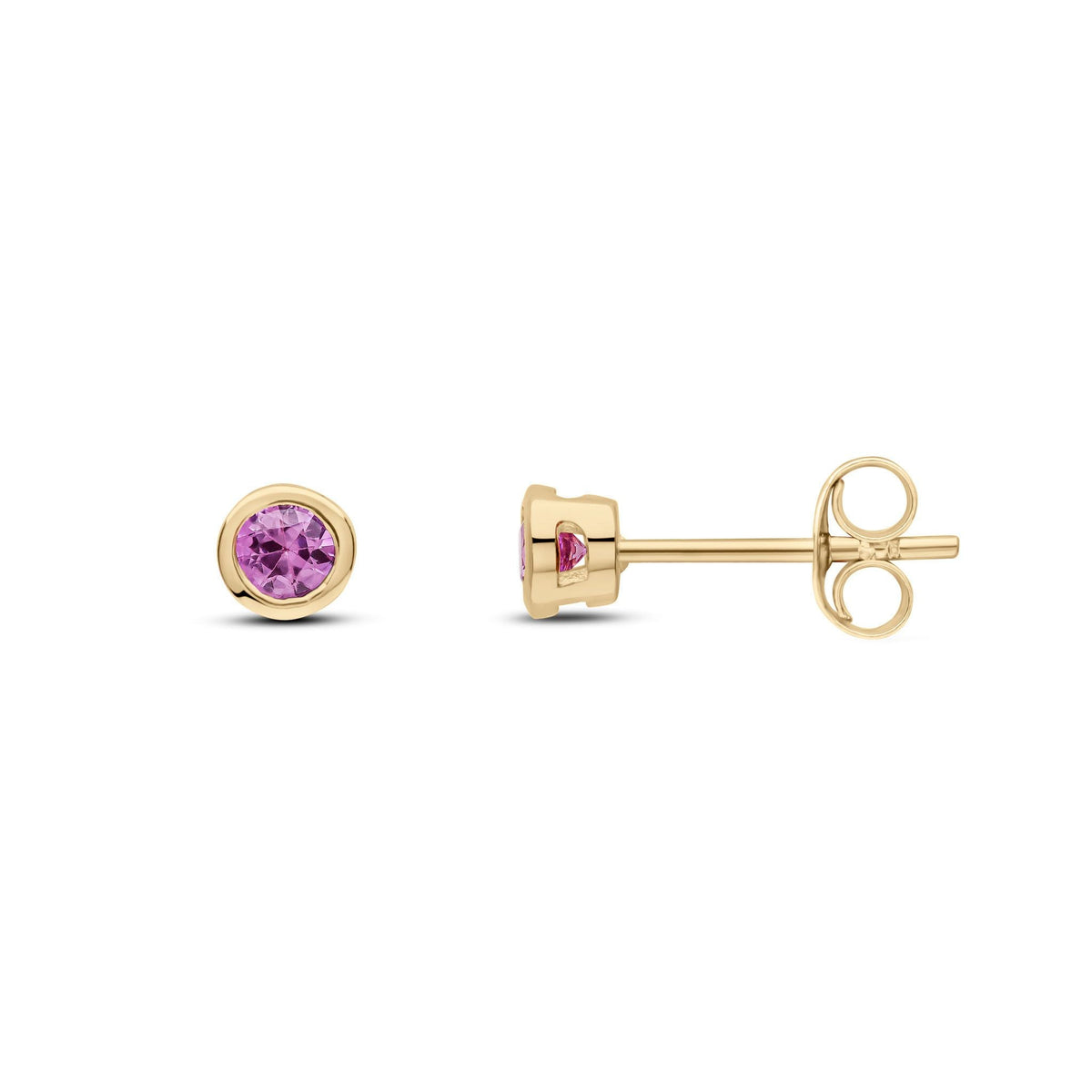 9ct Yellow Gold Round Natural Pink Sapphire Rubover Stud Earrings — 3mm