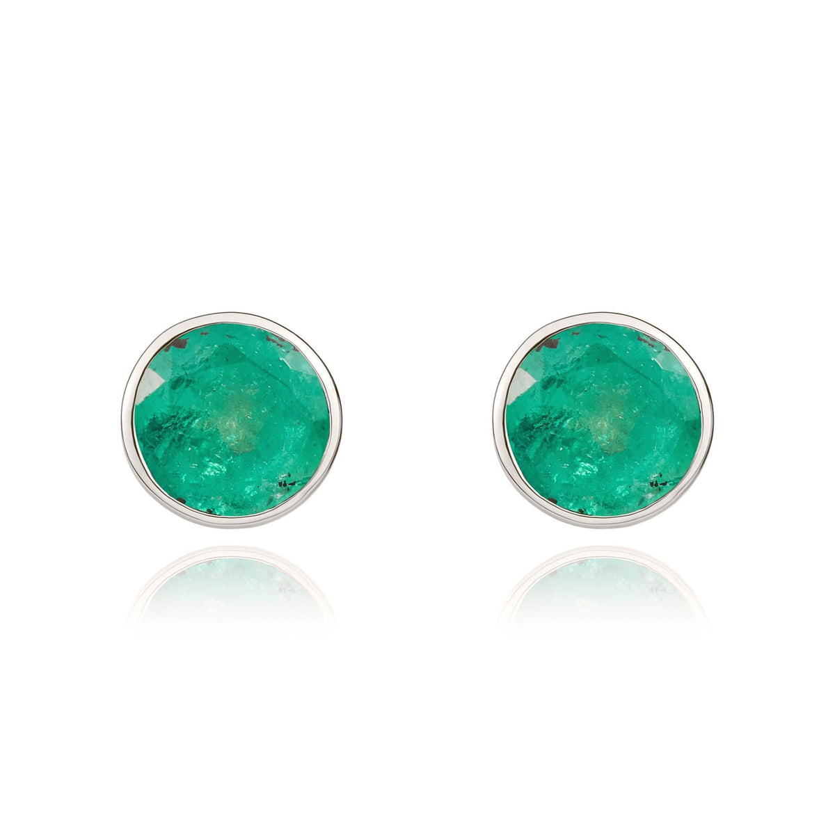 9ct White Gold Round Natural Emerald Rubover Stud Earrings — 5mm
