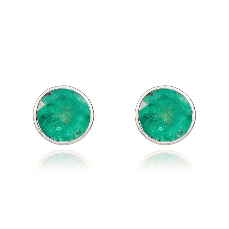 9ct White Gold Round Natural Emerald Rubover Stud Earrings — 5mm