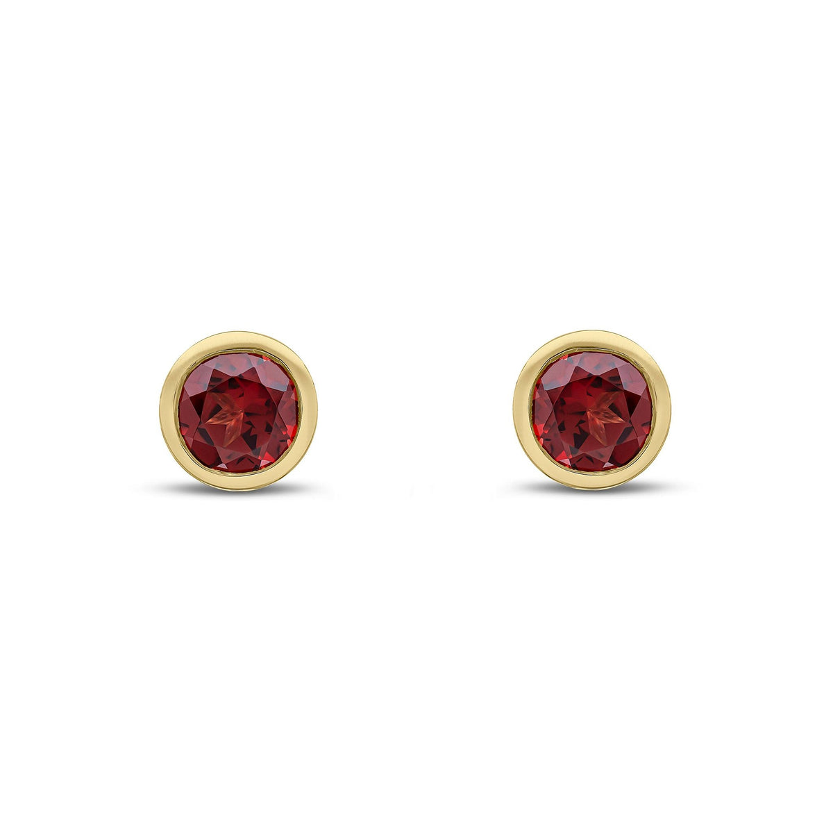 9ct Yellow Gold Round Natural Garnet Rubover Stud Earrings — 6mm