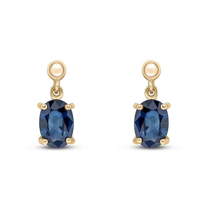 9ct Yellow Gold Oval Natural Sapphire Claw Drop Earrings — 7x5mm