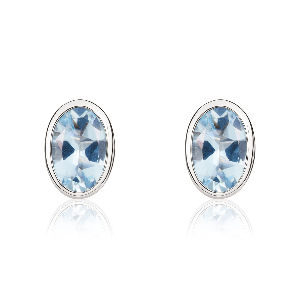 9ct White Gold Oval Natural Aquamarine Rubover Stud Earrings — 6x4mm