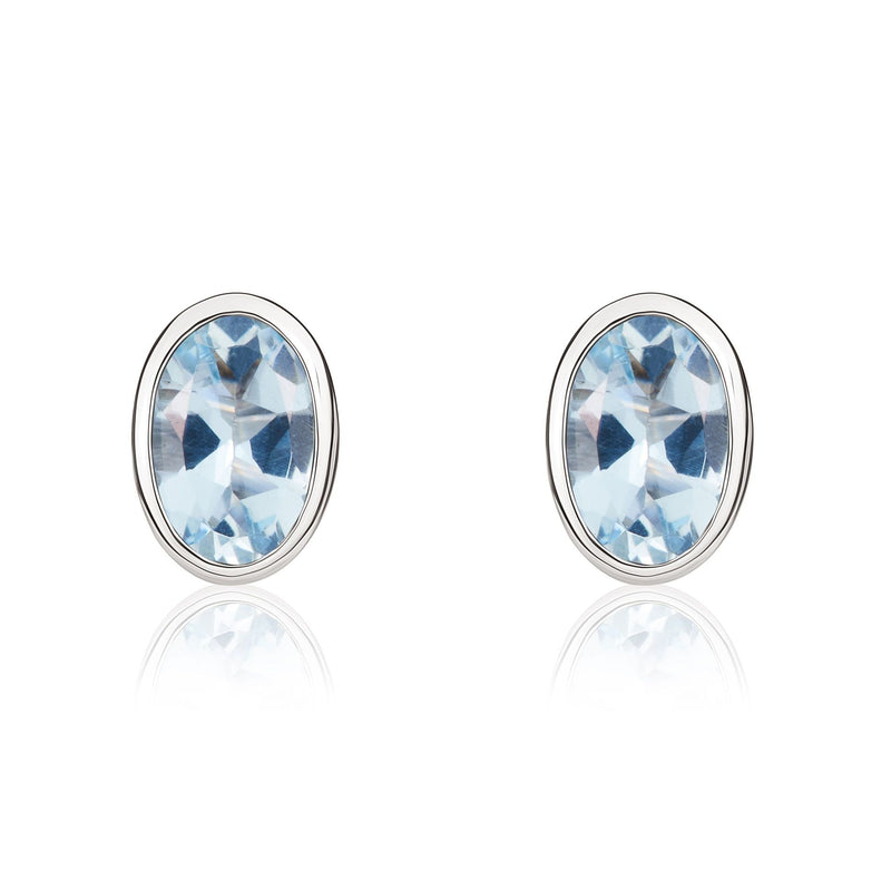 9ct White Gold Oval Natural Aquamarine Rubover Stud Earrings — 6x4mm