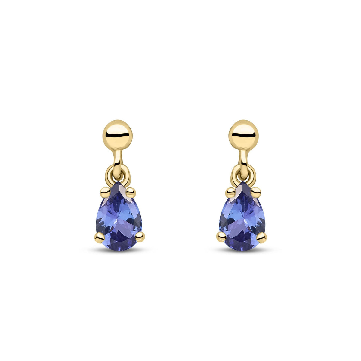 9ct Yellow Gold Pear Shaped Natural Tanzanite Claw Drop Earrings — 6x4mm