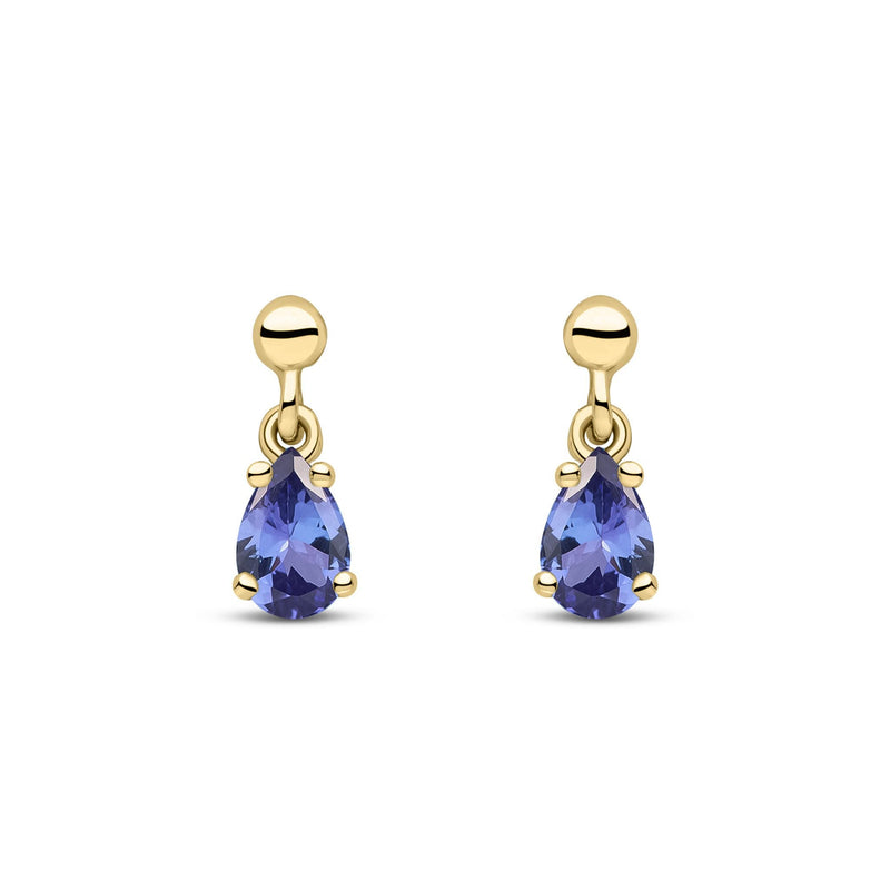 9ct Yellow Gold Pear Shaped Natural Tanzanite Claw Drop Earrings — 6x4mm