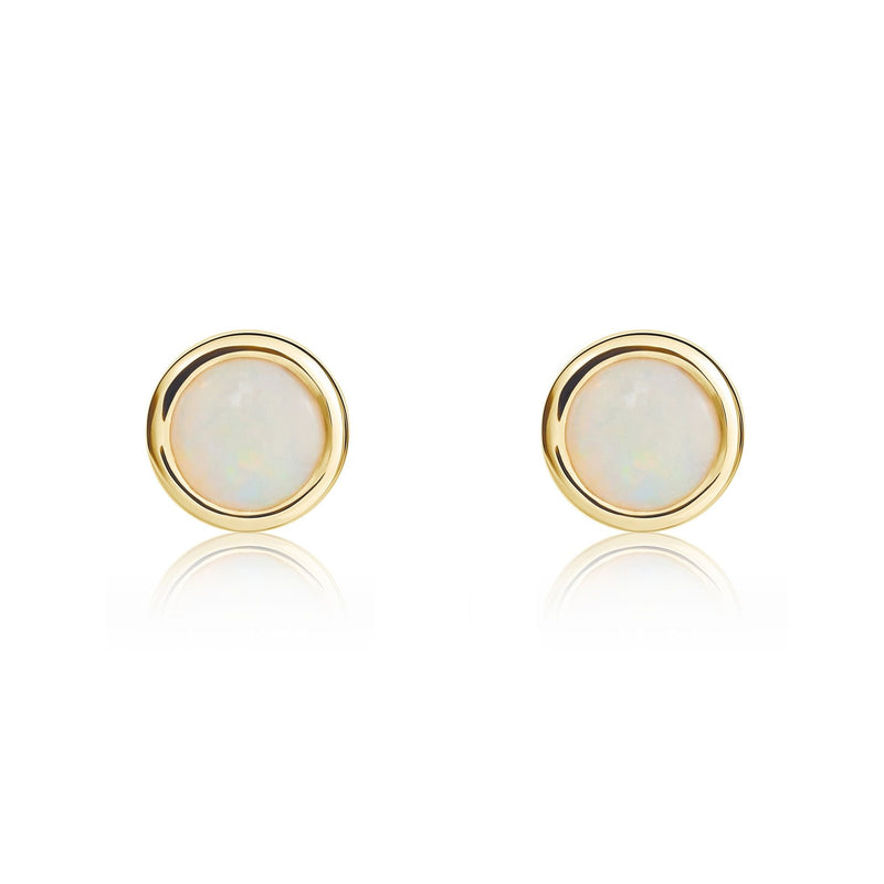 9ct Yellow Gold Round Natural Opal Rubover Stud Earrings — 4mm