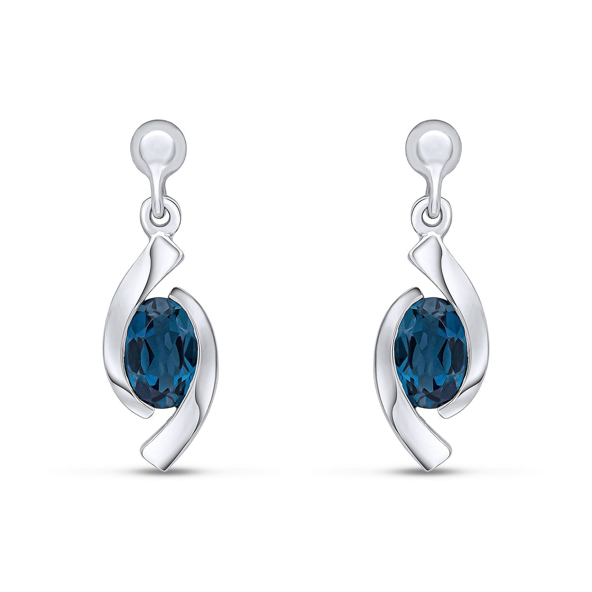 9ct White Gold Oval Natural London Blue Topaz 'Eye' Drop Earrings — 6x4mm