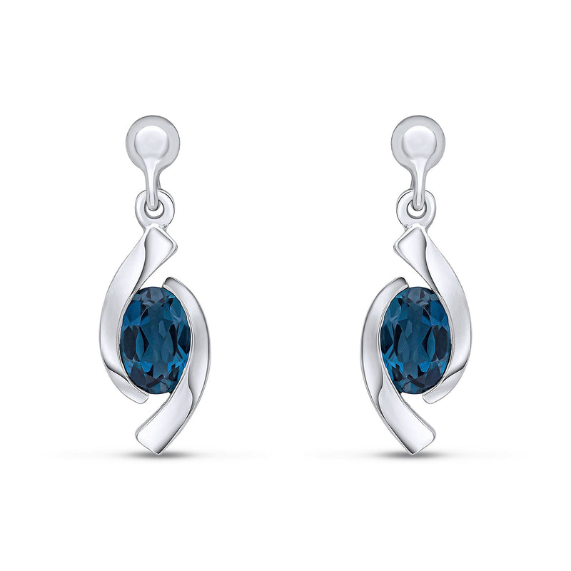 9ct White Gold Oval Natural London Blue Topaz 'Eye' Drop Earrings — 6x4mm